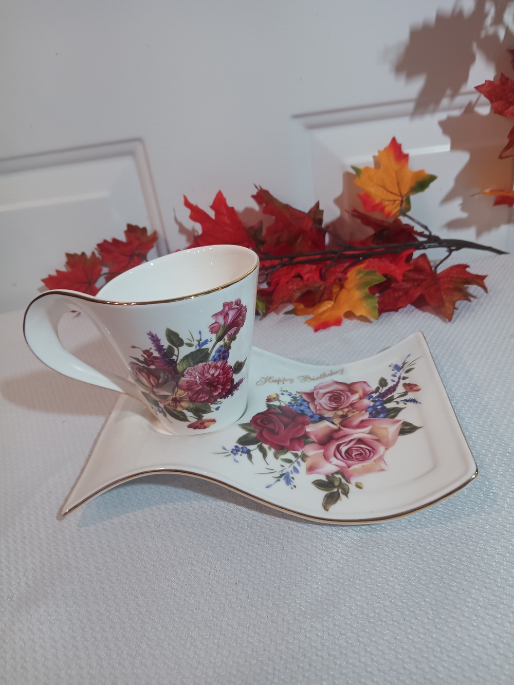 Porcelain Floral Mug and Saucer Set - Pink Rose Design